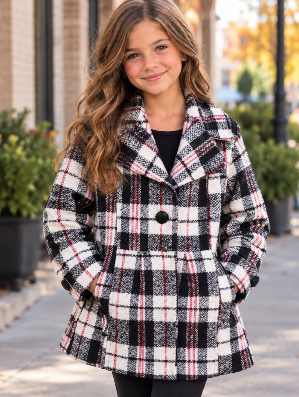 Joujou Plaid Button-Front Women's Coat in Black & White with Red Accents